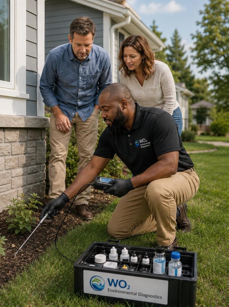 WO2 technician conducting a residential moisture inspection with homeowners